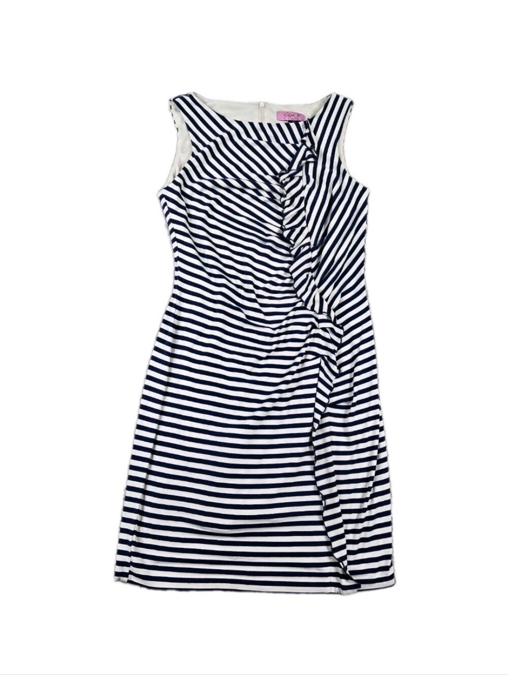 Eliza J Midi Dress Navy Ivory Stripe Sleeveless Ruffle Front Sz 12 Stretch
